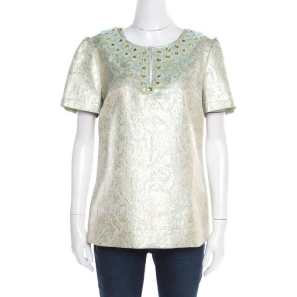 Tory Burch Lola Crystal Embellished Floral Jacquard Blouse Top Seafoam Green 0